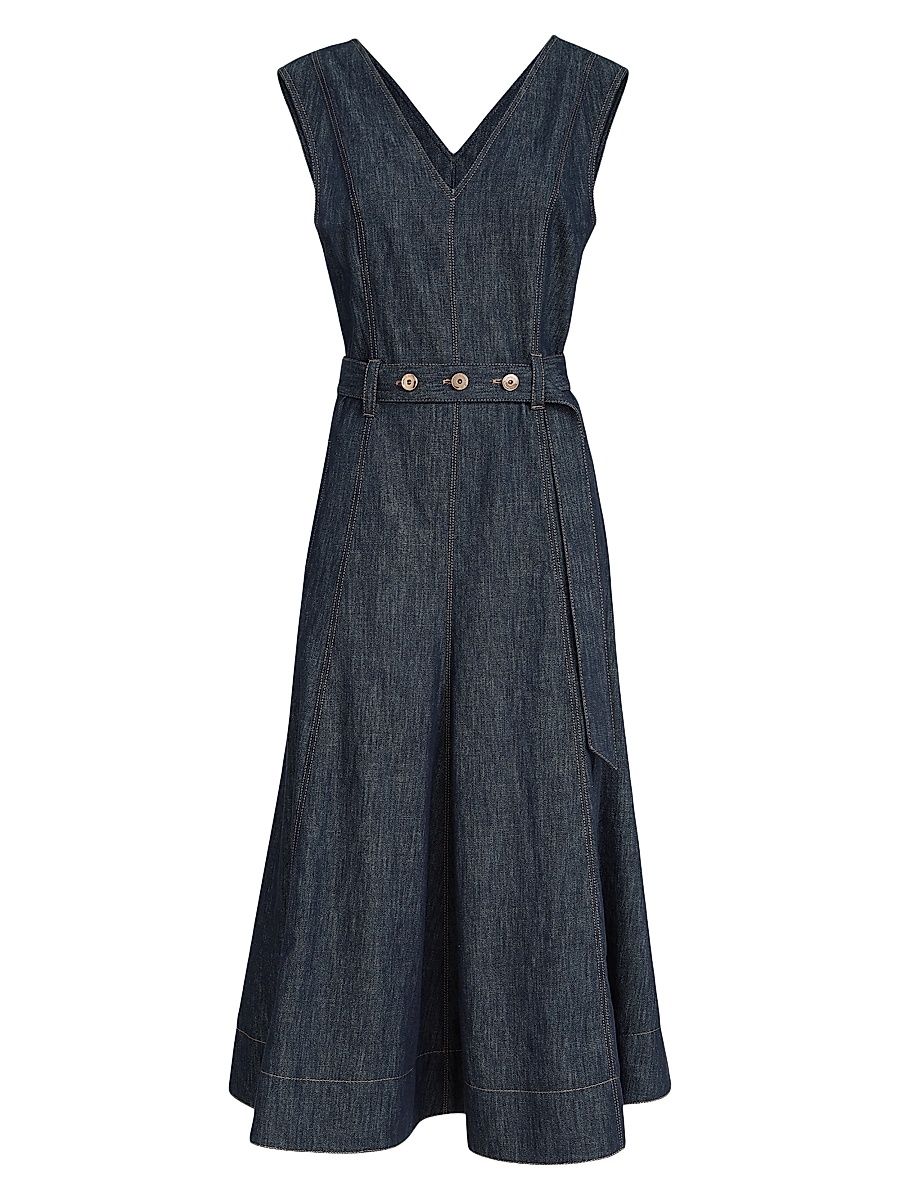 Women's Cotton Denim Effect Twill Flared Dress with Belt and Monili - Denim - Size XXXL