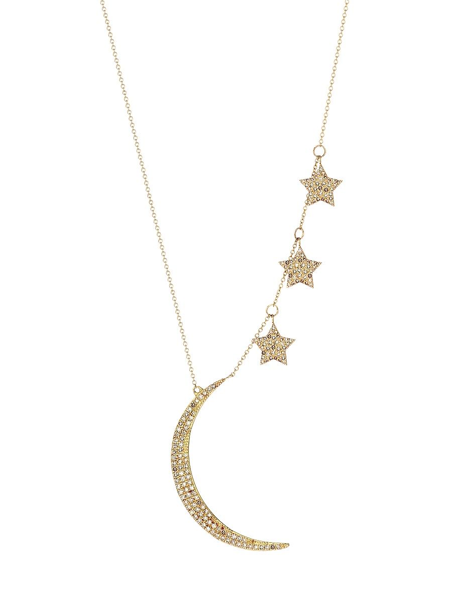 Women's 14K Yellow Gold & Natural Champagne Diamond Moon & Stars Necklace - Gold
