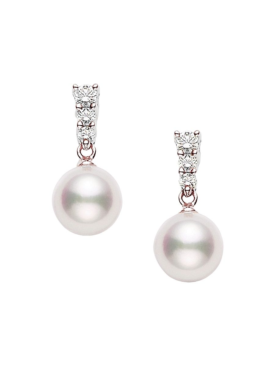 Women's Morning Dew 18K Rose Gold, 10MM White Cultured Pearl & Diamond Drop Earrings - Rose Gold