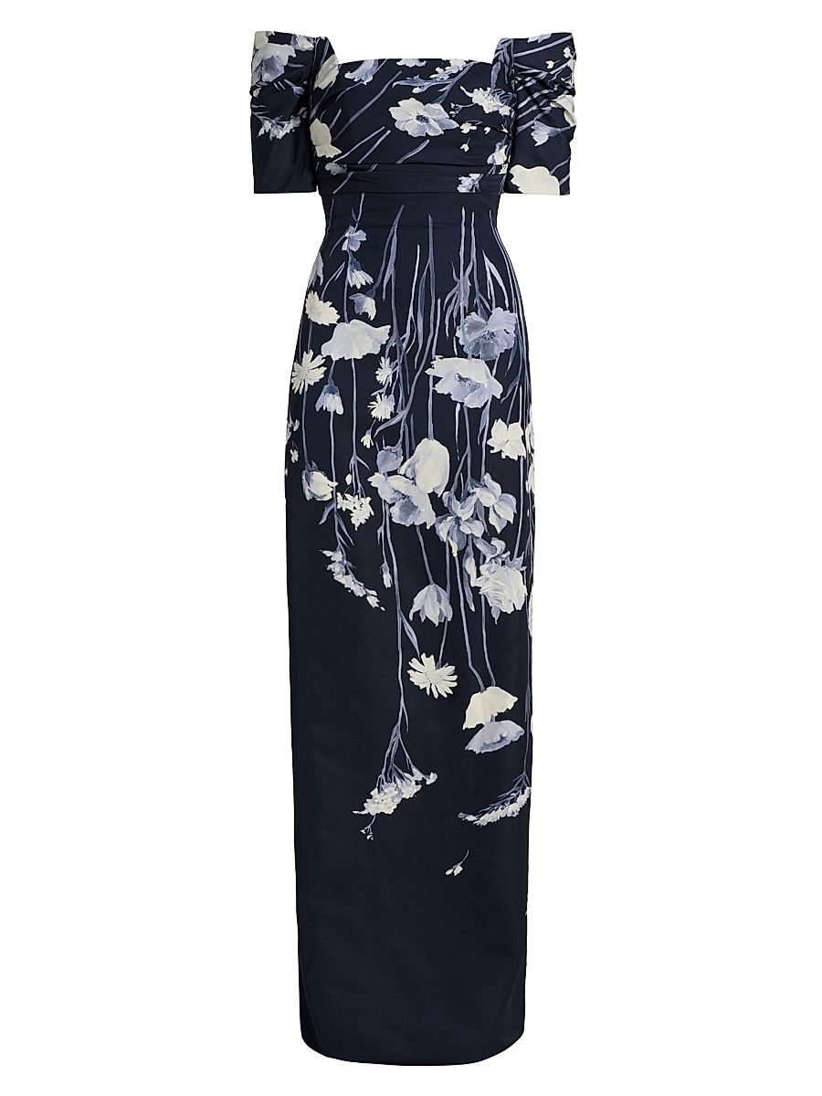 Women's Floral Faille Off-The-Shoulder Gown - Navy Multi - Size 10