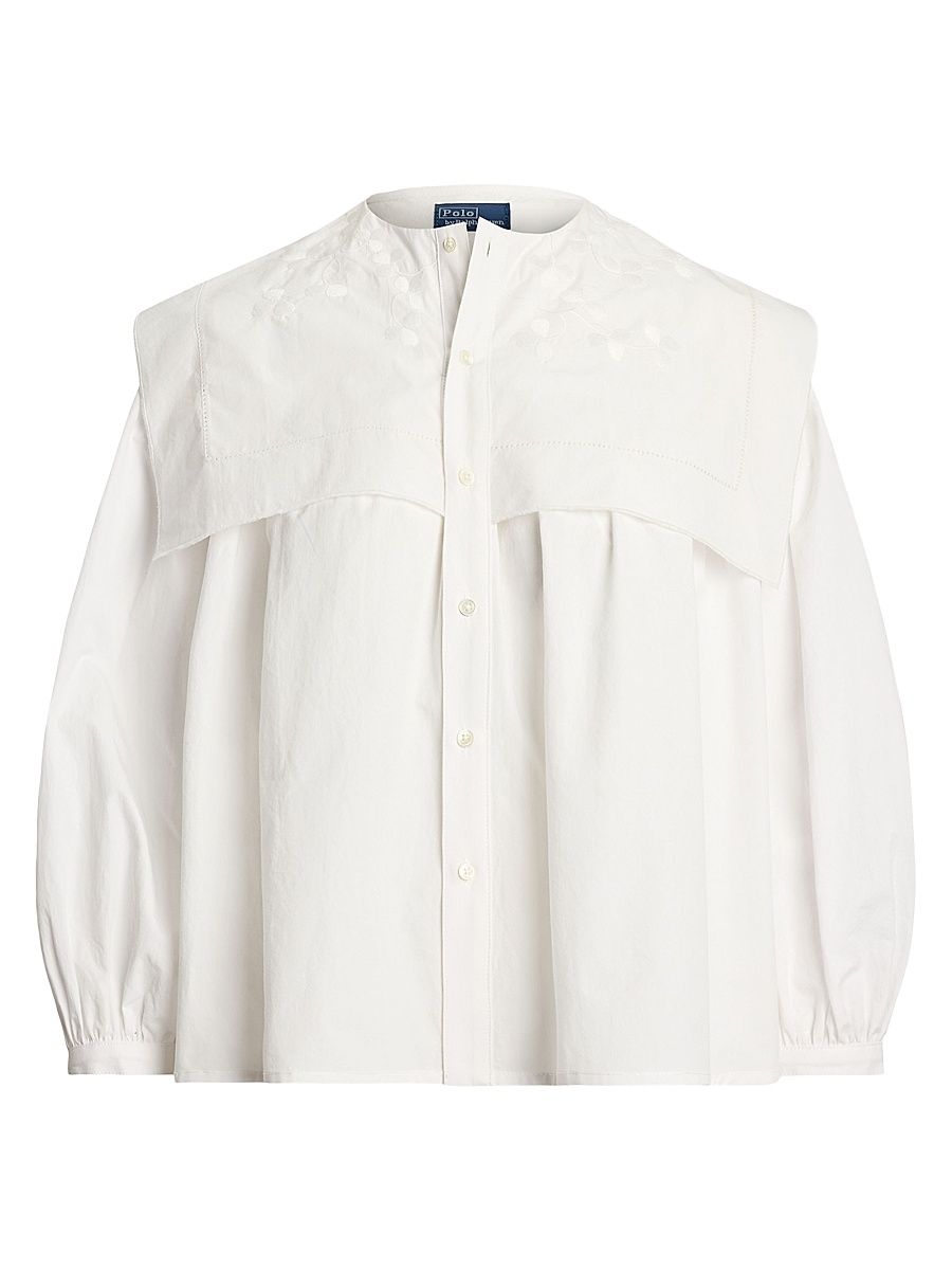 Women's Embroidered Bib Cotton Poplin Blouse - White - Size 8