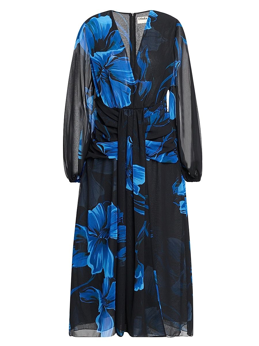 Women's Floral Georgette Midi-Dress - Blue Pattern - Size 6