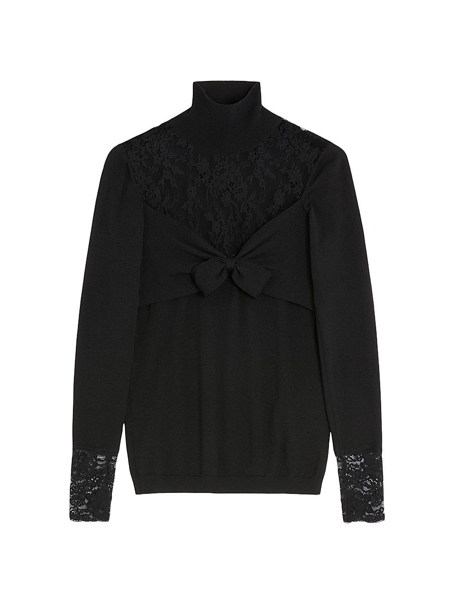 Women's Wool Sweater with Lace - Black - Size XS