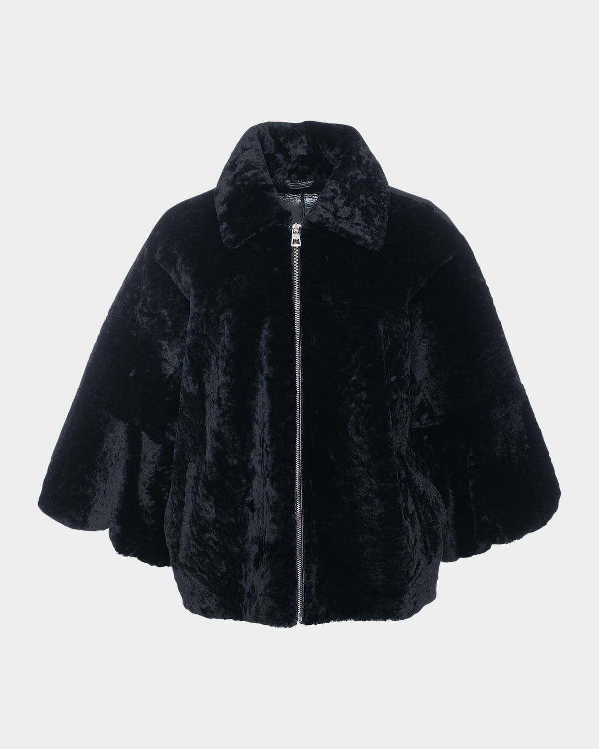 Textured Shearling Lamb Zip Jacket With Cropped Sleeves