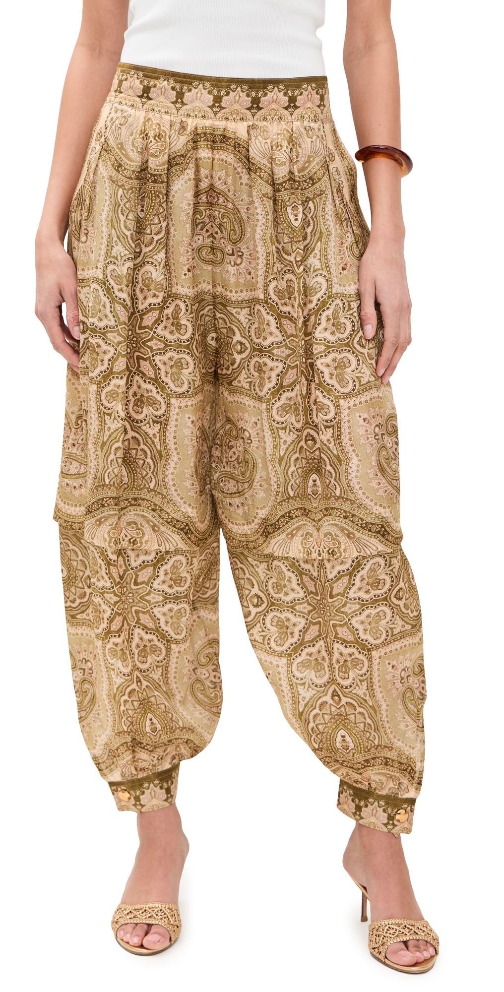 Zimmermann Luna Satin Harem Pants Olive Perla Paisley 4
