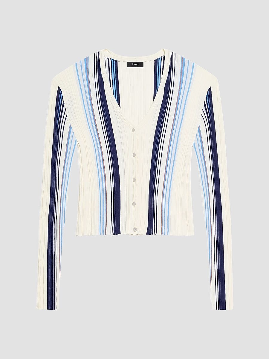 Women's Striped Cotton-Blend Ribbed Cardigan - Ivory Multi - Size XS