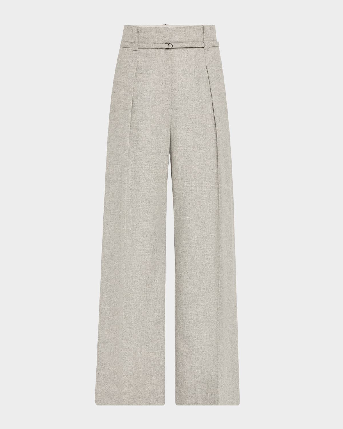 Cashmere-Wool Flannel Wide Sartorial Pants With Belt