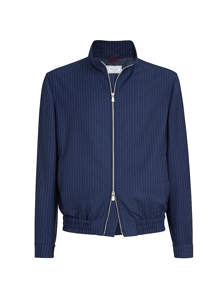 Men's Wool and Mohair Pinstripe Fresco Outerwear Jacket with Stand Collar - Blue - Size 48