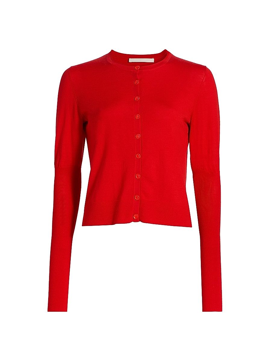 Women's Puff-Sleeve Merino Wool Cardigan - Papaya - Size XL