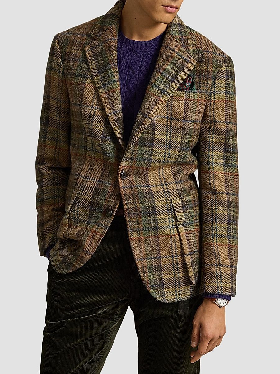 Polo Ralph Lauren Men's RL67 Wool Plaid Sport Jacket - Camel Blue Multi - Size 46