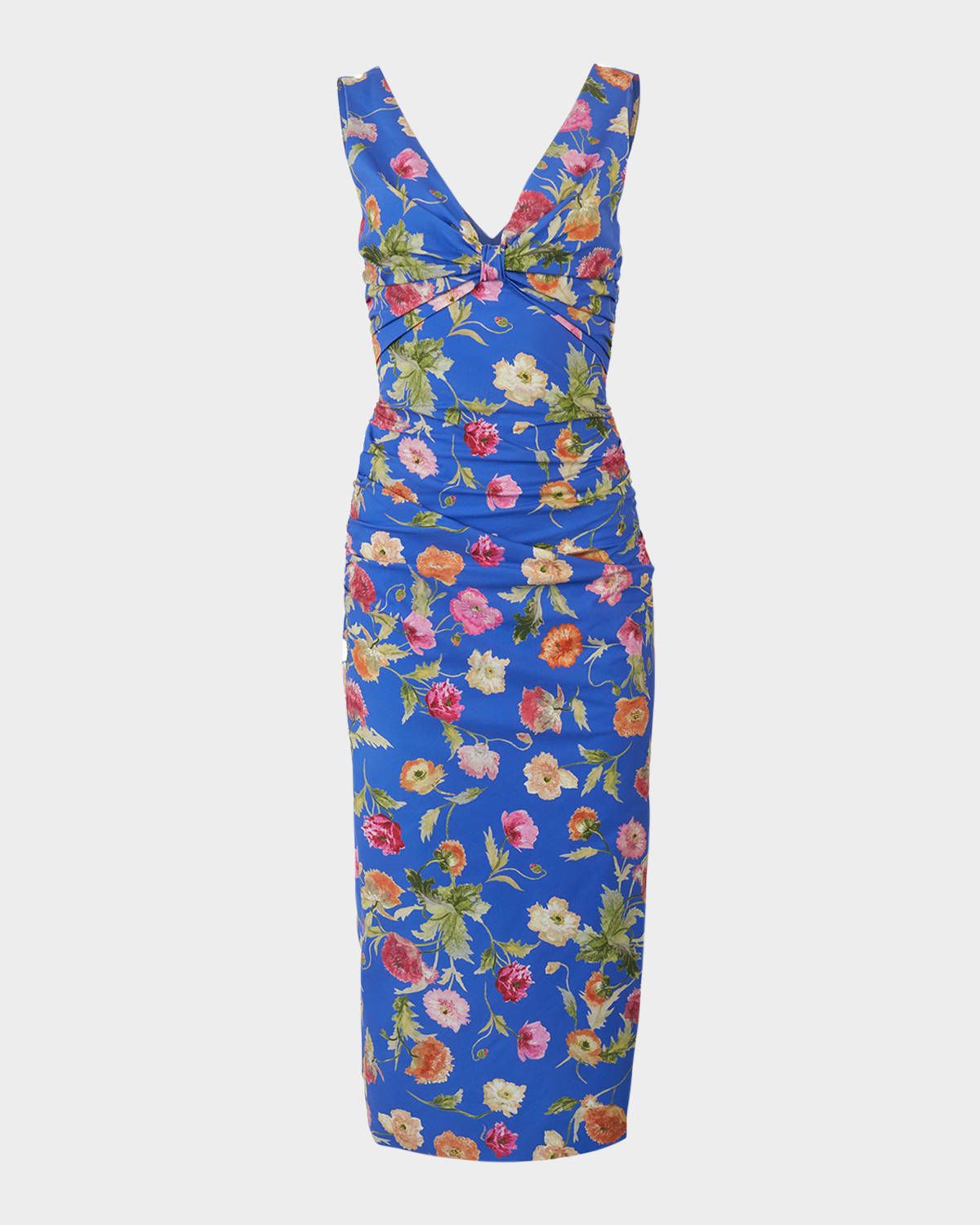 Floral-Print Gathered Cotton Sleeveless Midi Dress