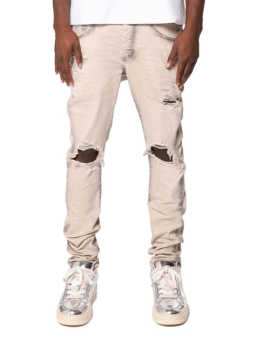Men's Distressed Stretch Cotton Skinny Jeans - Tan - Size 28