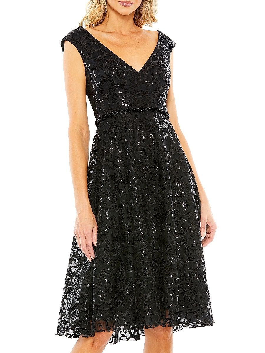 Women's Sequin V-Neck Cap-Sleeve Knee-Length Dress - Black - Size 12