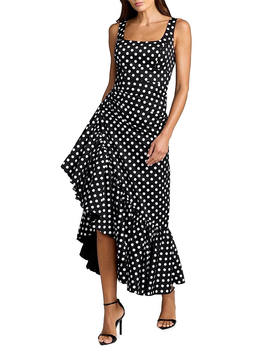 Women's Asymmetric Ruffle Polka Dot Maxi Dress - Black Ivory - Size 12