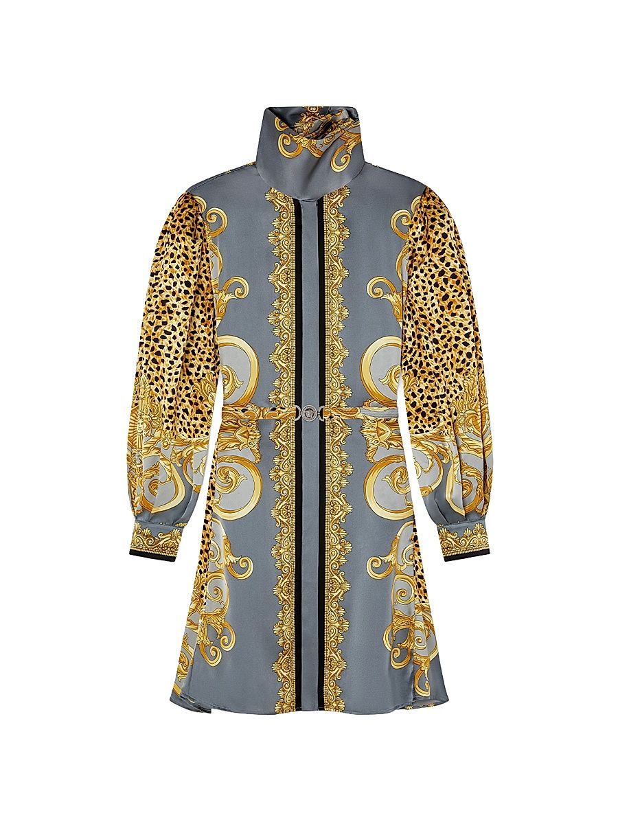 Women's Cheetah Silk Scarf Belted Minidress - Light Grey Elephant Grey - Size 8