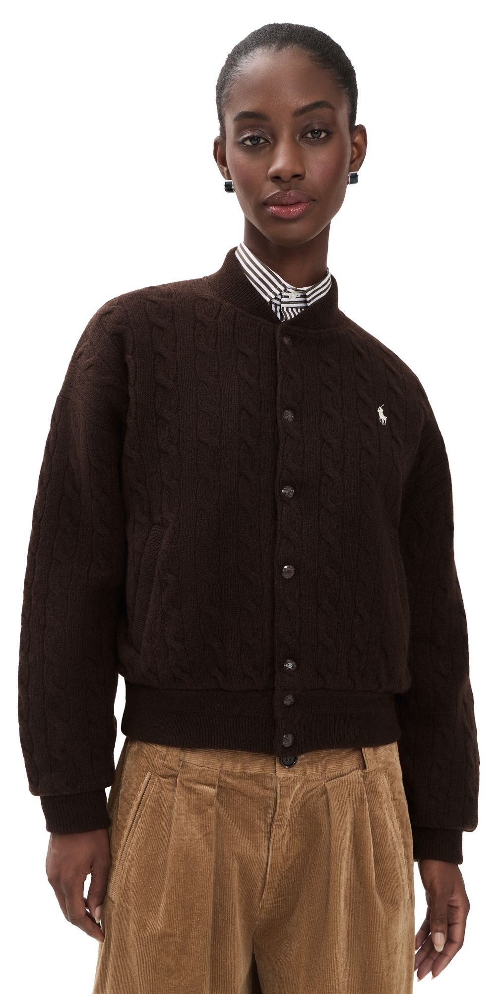 Polo Ralph Lauren Cable Knit Wool Cashmere Bomber Jacket Walnut Brown Melange M