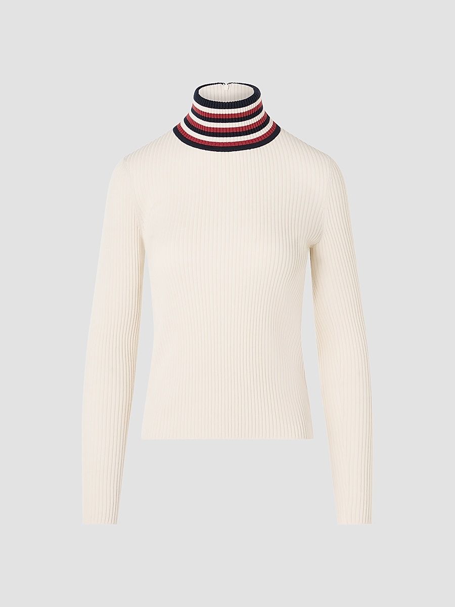 Women's Stripe Mock Turtleneck Wool Sweater - Cream Navy Rusty Red - Size 16
