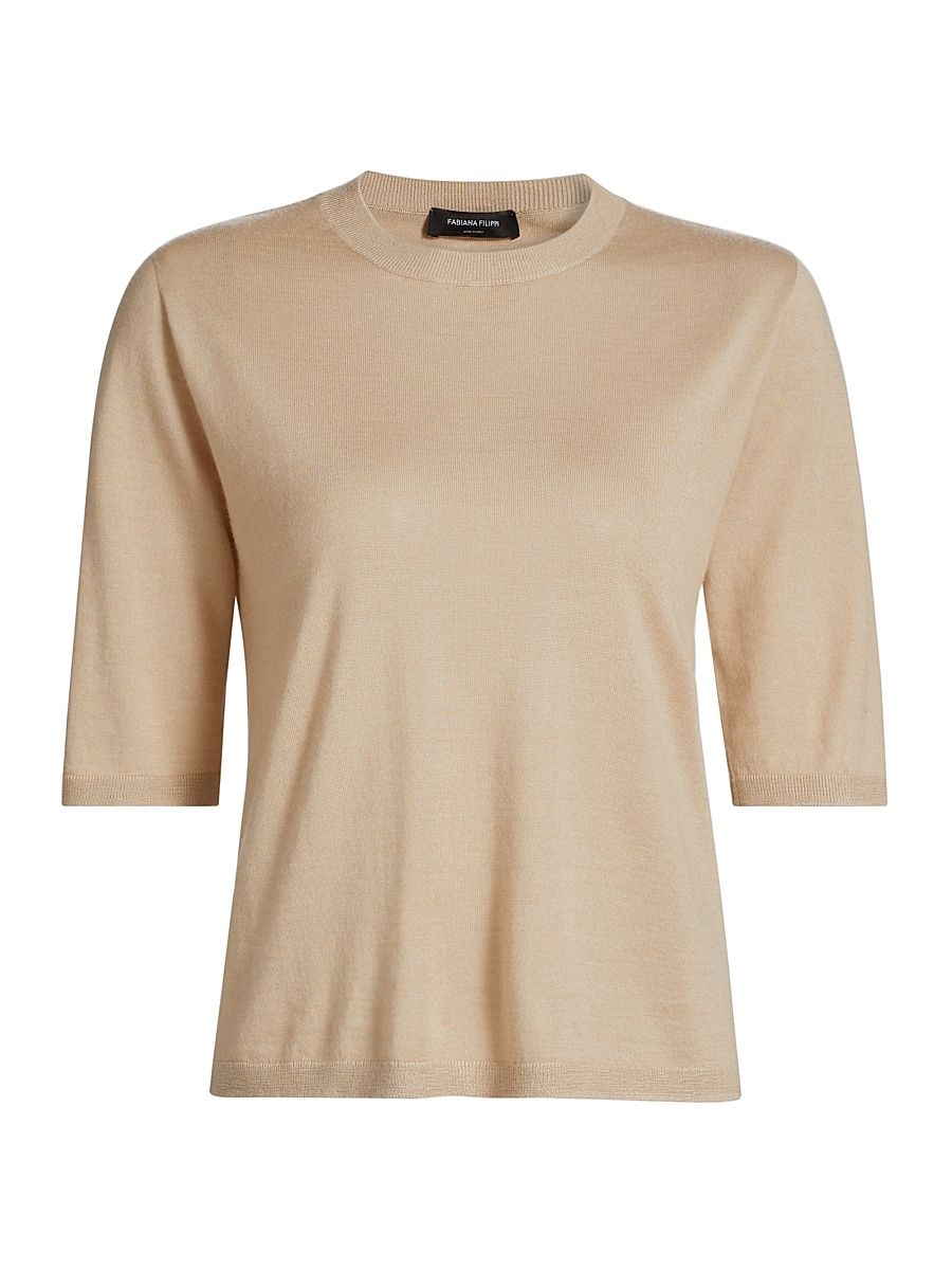 Women's Camel Hair Short-Sleeve Sweater - Light Beige - Size 8