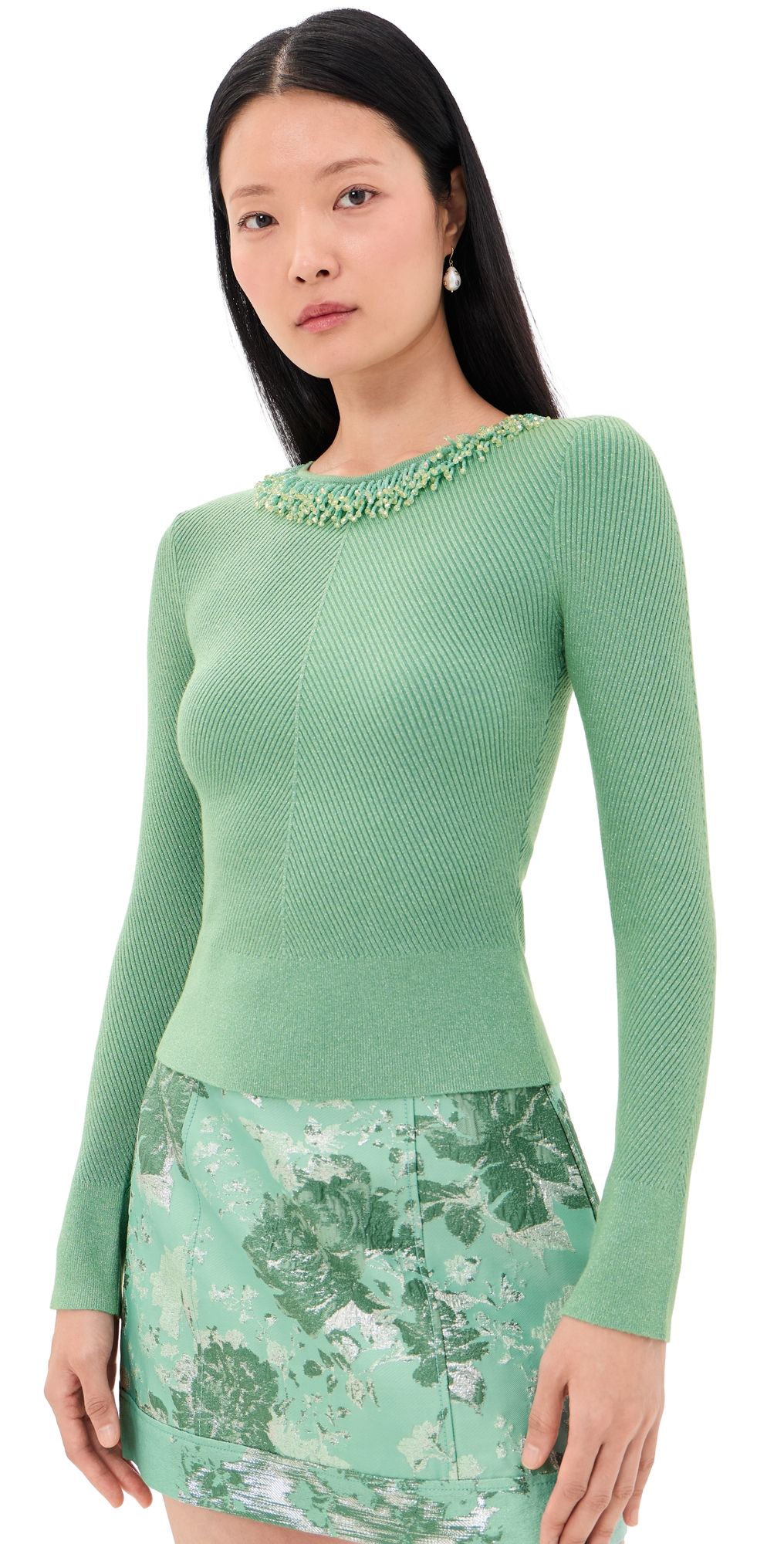 AKNVAS Helena Necklace Embroidered Knit Top Green/Silver S