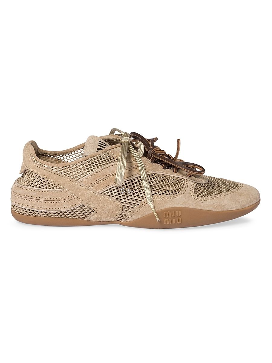 Women's Gymnasium Mesh and Suede Sneakers - Beige Khaki - Size 5.5
