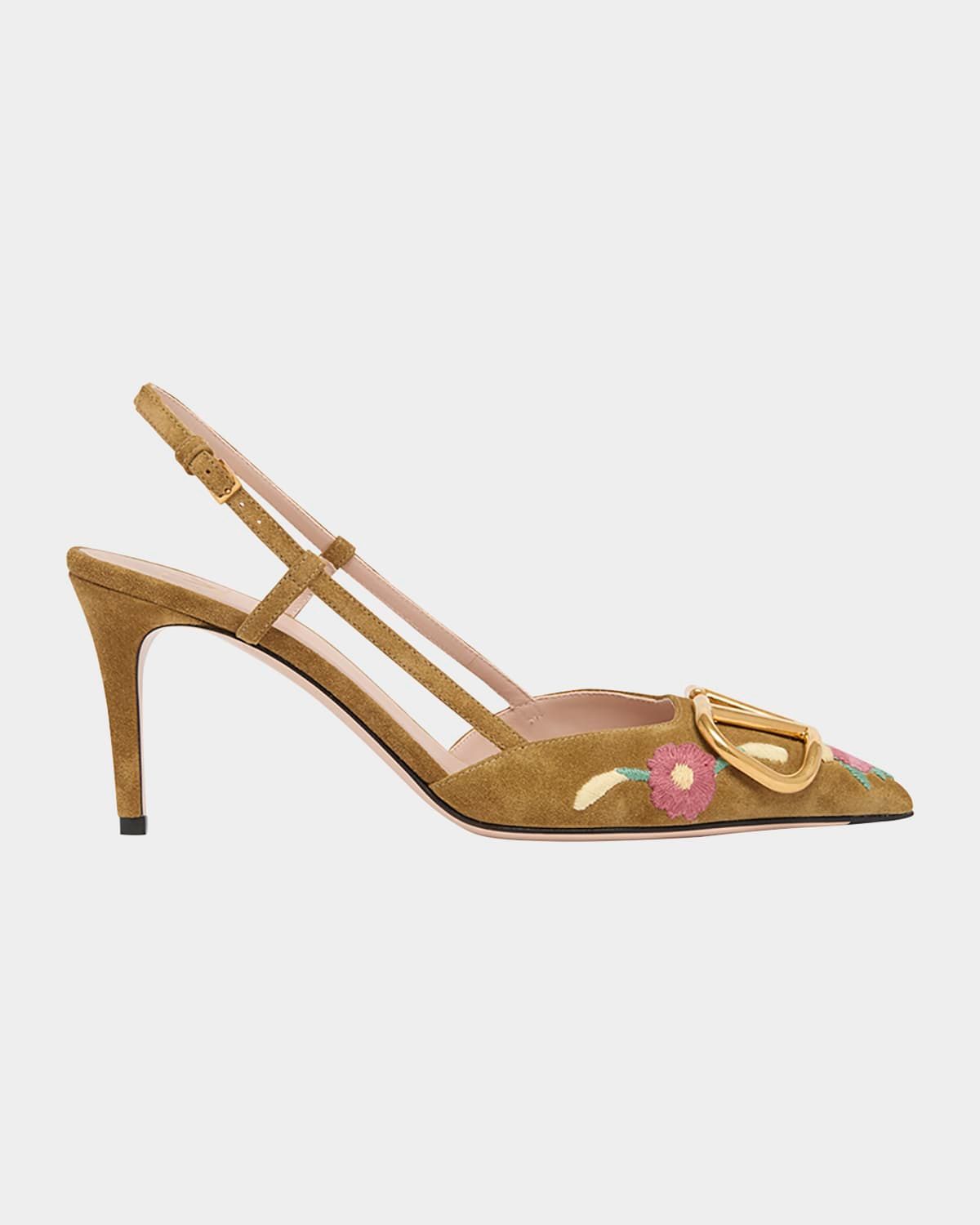 VLogo Signature Flower-Embroidered Suede Slingback Pumps
