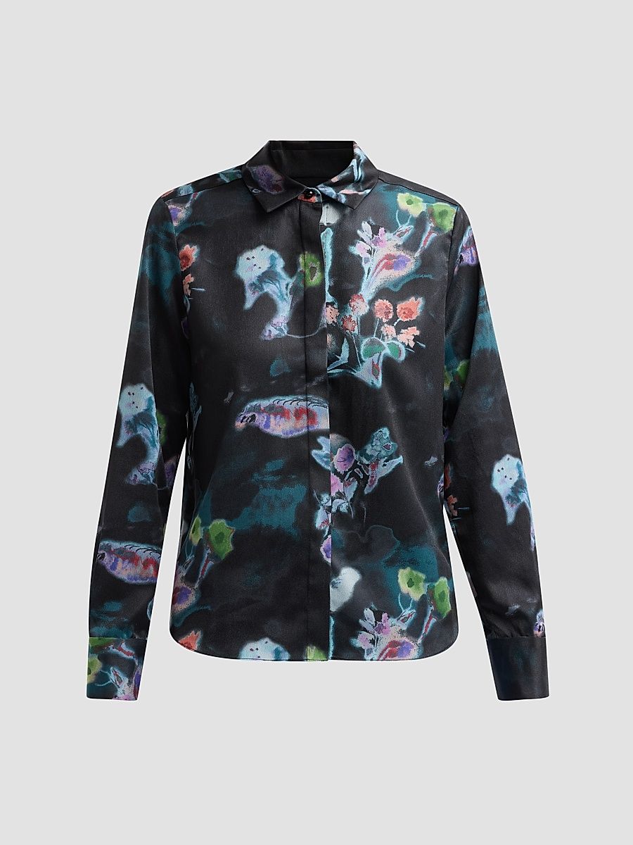 Women's Floral Slim-Fit Button-Front Shirt - Black Multi - Size 14