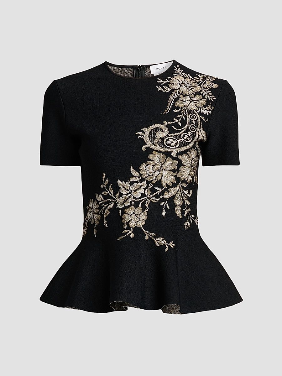 Women's Asymmetric Jacquard Peplum Top - Black Silver Gold - Size 12