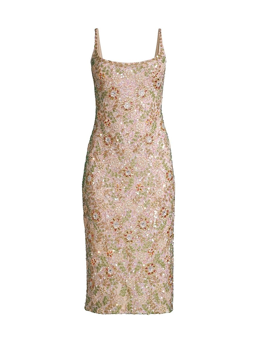 Women's Floral Beaded Cocktail Sheath Dress - Beige Multi - Size 14