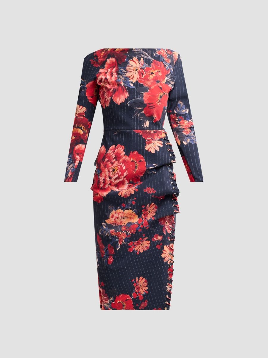 Chiara Boni La Petite Robe Women's Adlia Floral Jersey Boatneck Midi Dress - Pinstripe Floral - Size 16