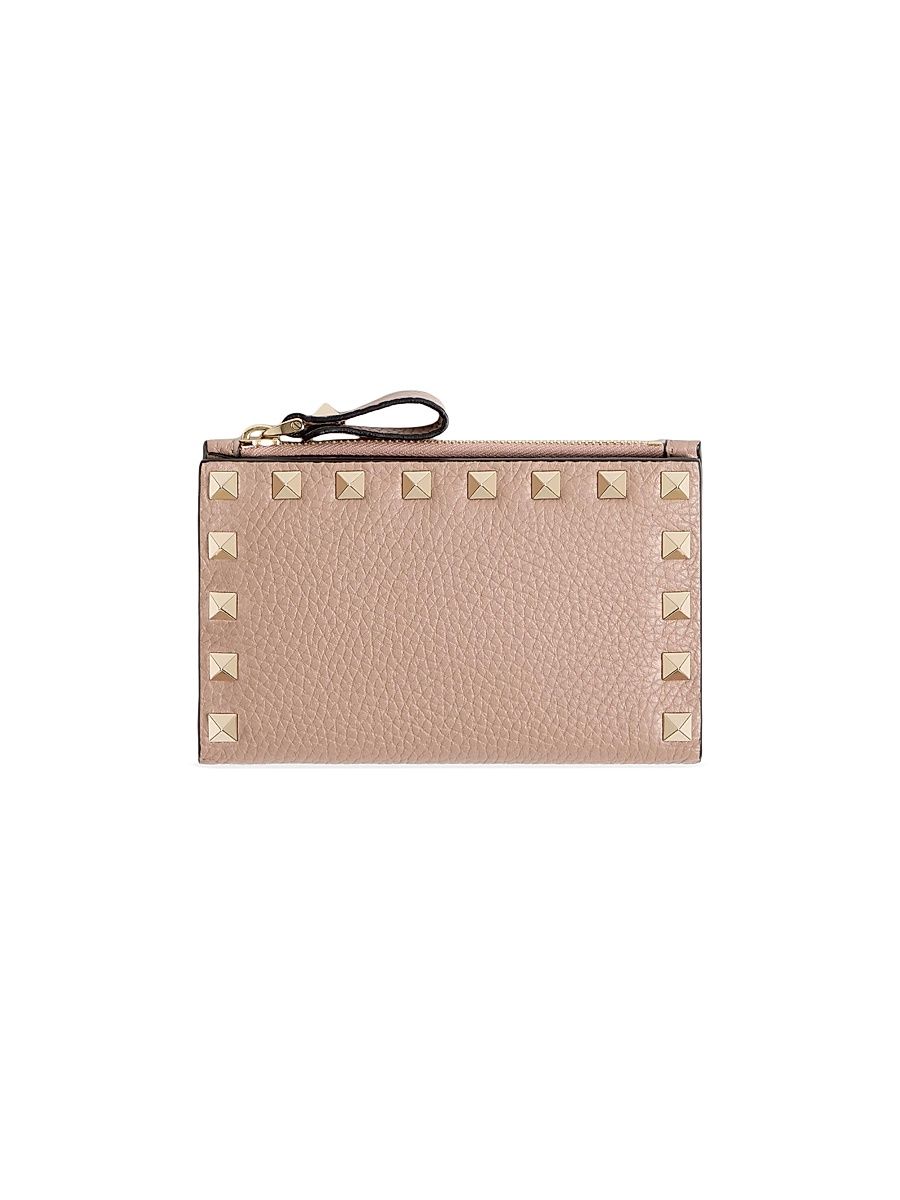 Women's Rockstud Grainy Calfskin Cardholder with Zipper - Poudre Pink