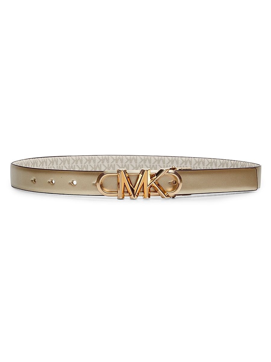 Women's MK Logo Buckle Reversible Metallic Leather Belt - Gold - Size Small