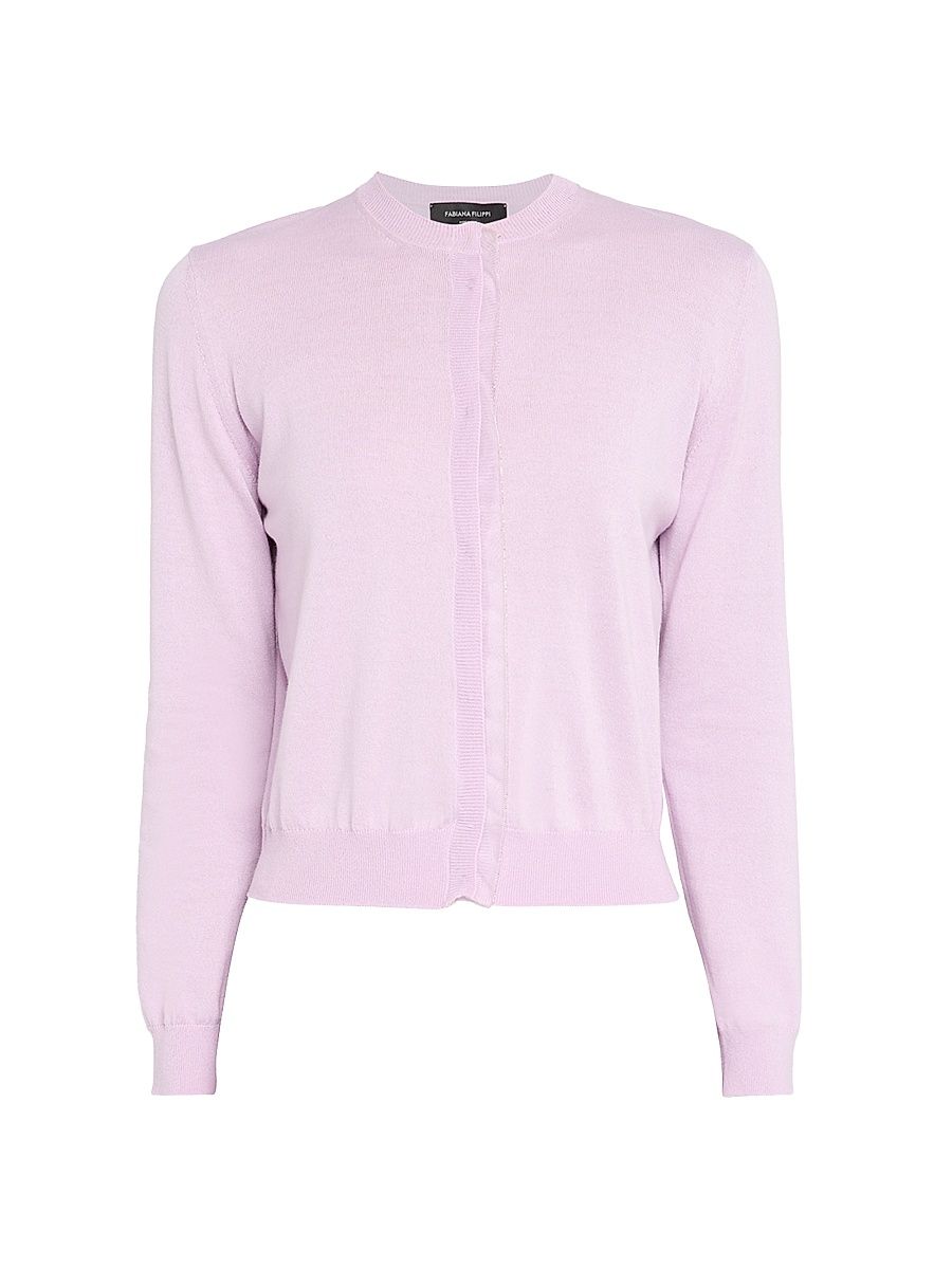 Women's Diamante Trim Slim-Fit Wool-Cotton Cardigan - Rosa Lilla - Size 8