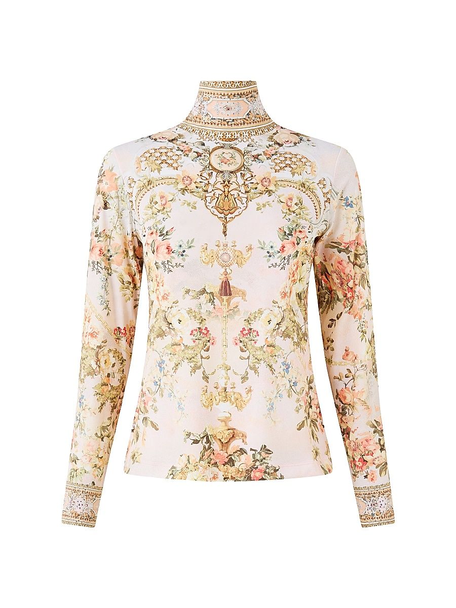Women's Floral Turtleneck Jersey Long-Sleeve Top - Twilight In Istanbul - Size XS