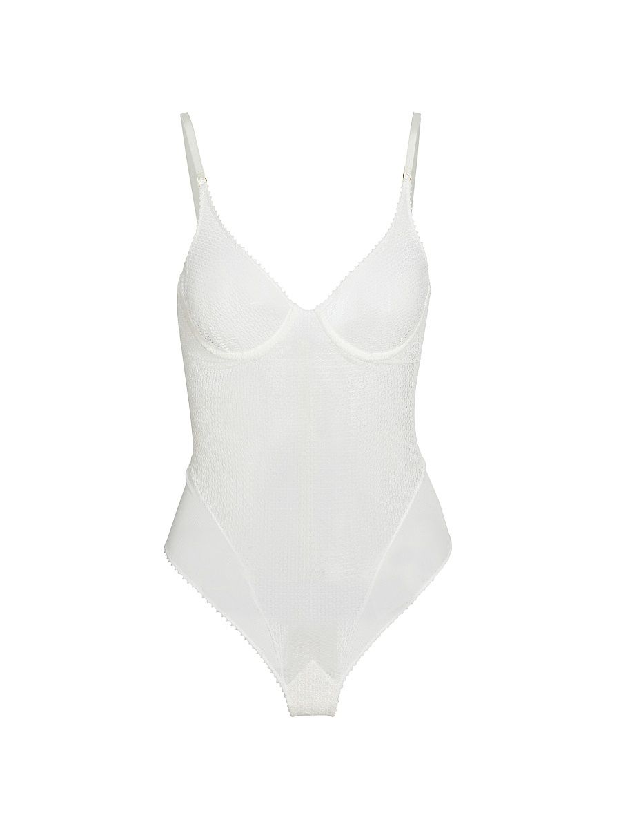 Women's Sheer Crochet Mesh Bodysuit - Ivory - Size Large