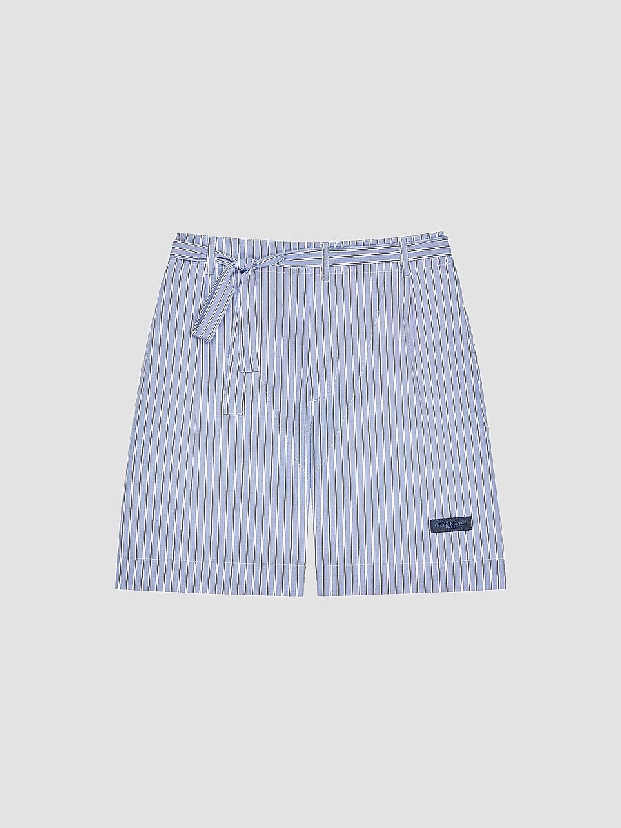 Givenchy Men's Striped Bermuda Shorts in Cotton with Gros Grain Detail - Navy White - Size 40