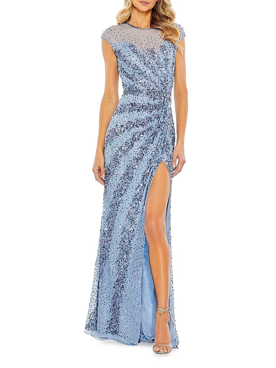 Women's Sleeveless Beaded & Sequined Gown - French Blue - Size 20