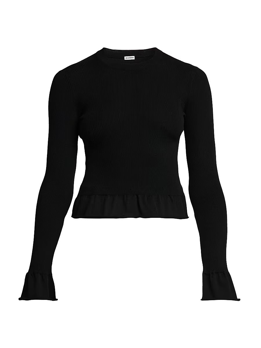 Women's Wool Flared-Trim Slim-Fit Crewneck Sweater - Black - Size 10