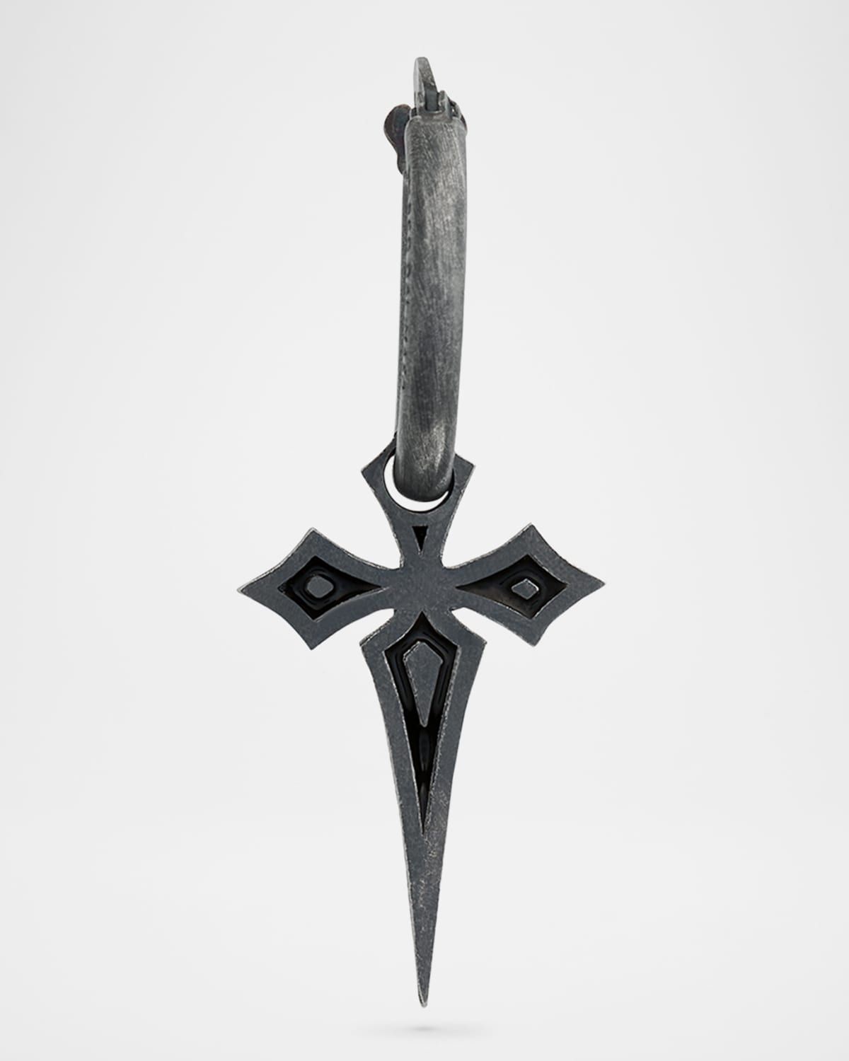 Men & apos;s The Cross Gothic Style Mono Black Enamel Oxidized Sterling Silver Earring, Single