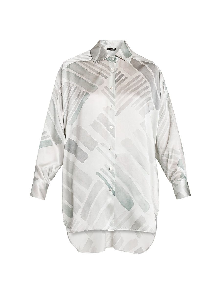 Women's Abstract Silk Oversized Long-Sleeve Shirt - Greyazure - Size 4