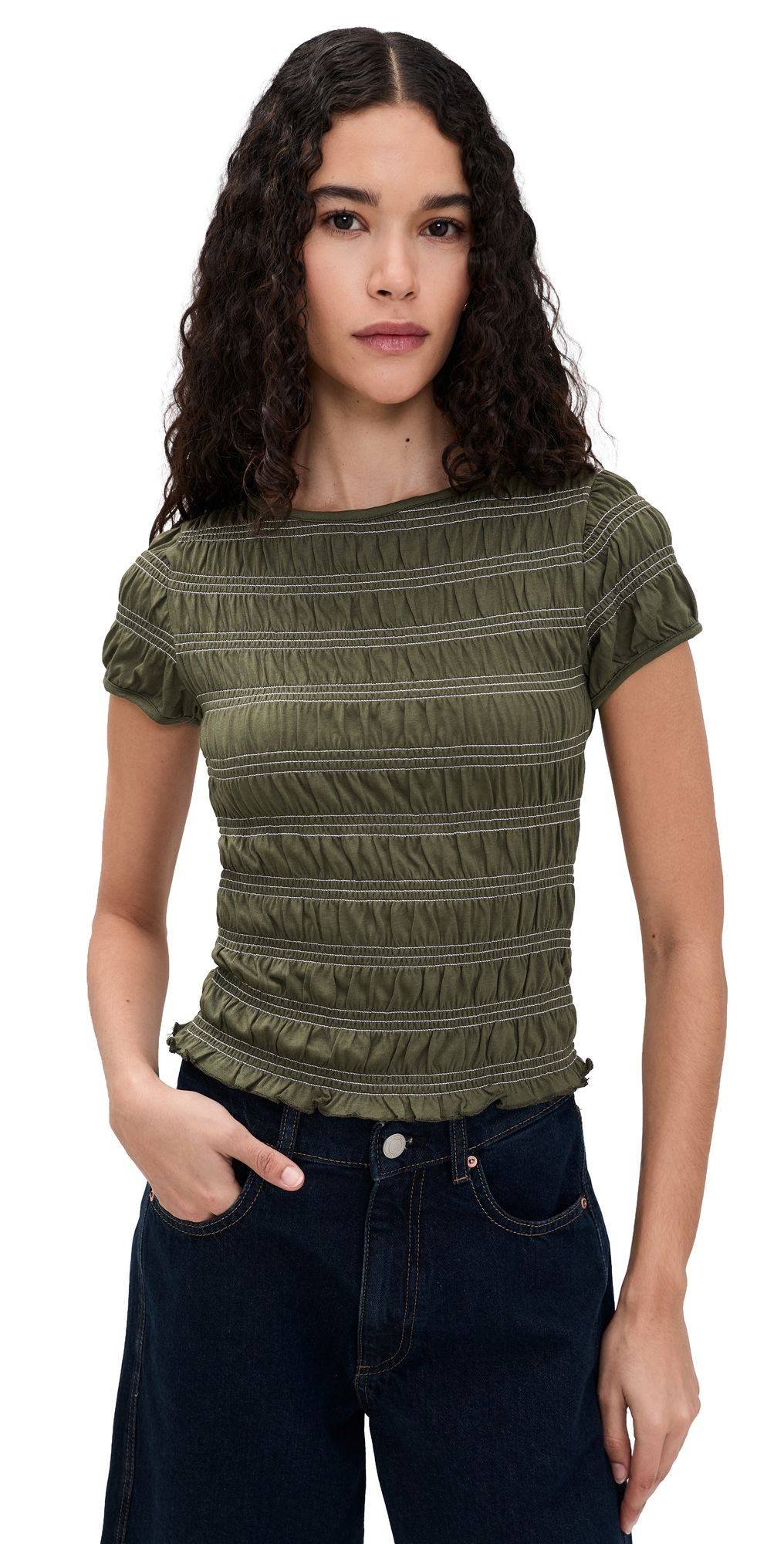 Madewell Smocked Short Sleeve Top Faded Ivy w/ White Stitch L