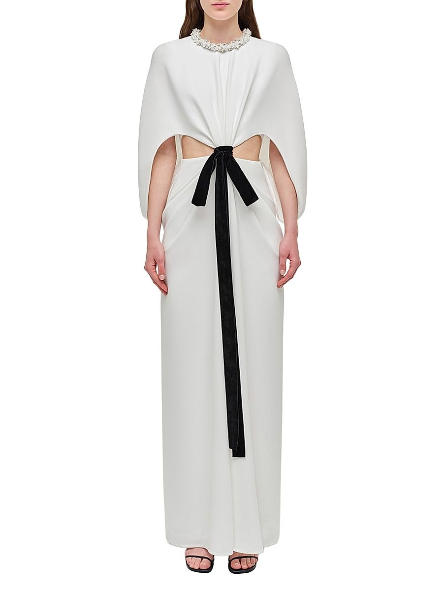 Women's Annette Tie-Waist Cape Gown - Ivory Multi - Size 0