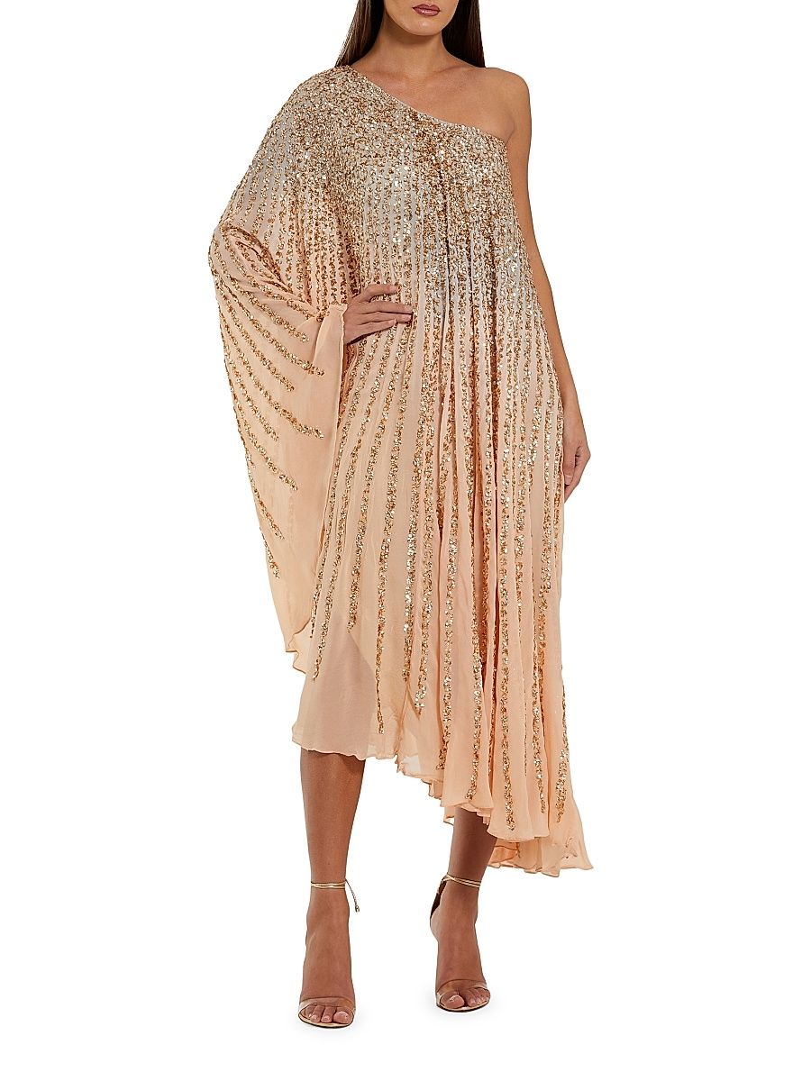 Women's Cocktail One-Shoulder Sequin Gown - Champagne Gold - Size Large
