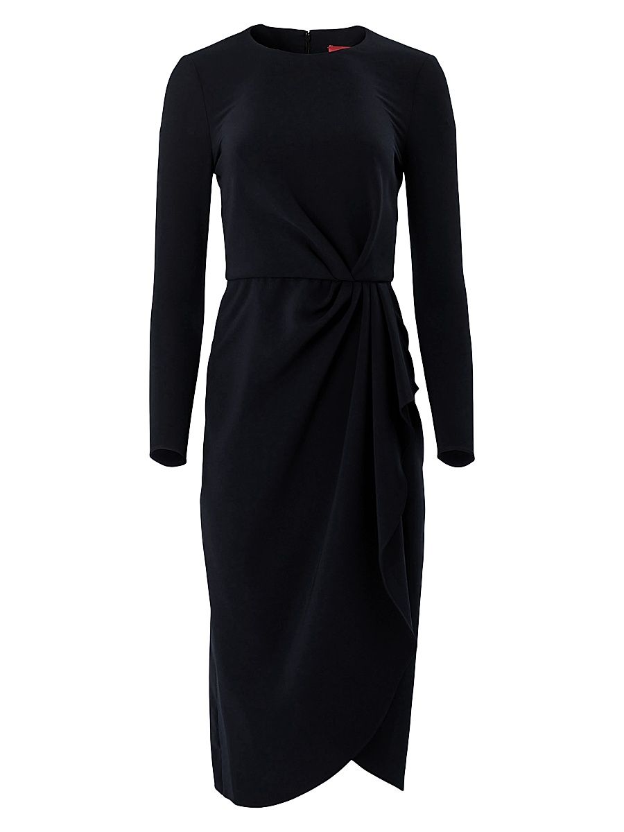 Women's Draped Long-Sleeve Midi Dress - Black - Size 14