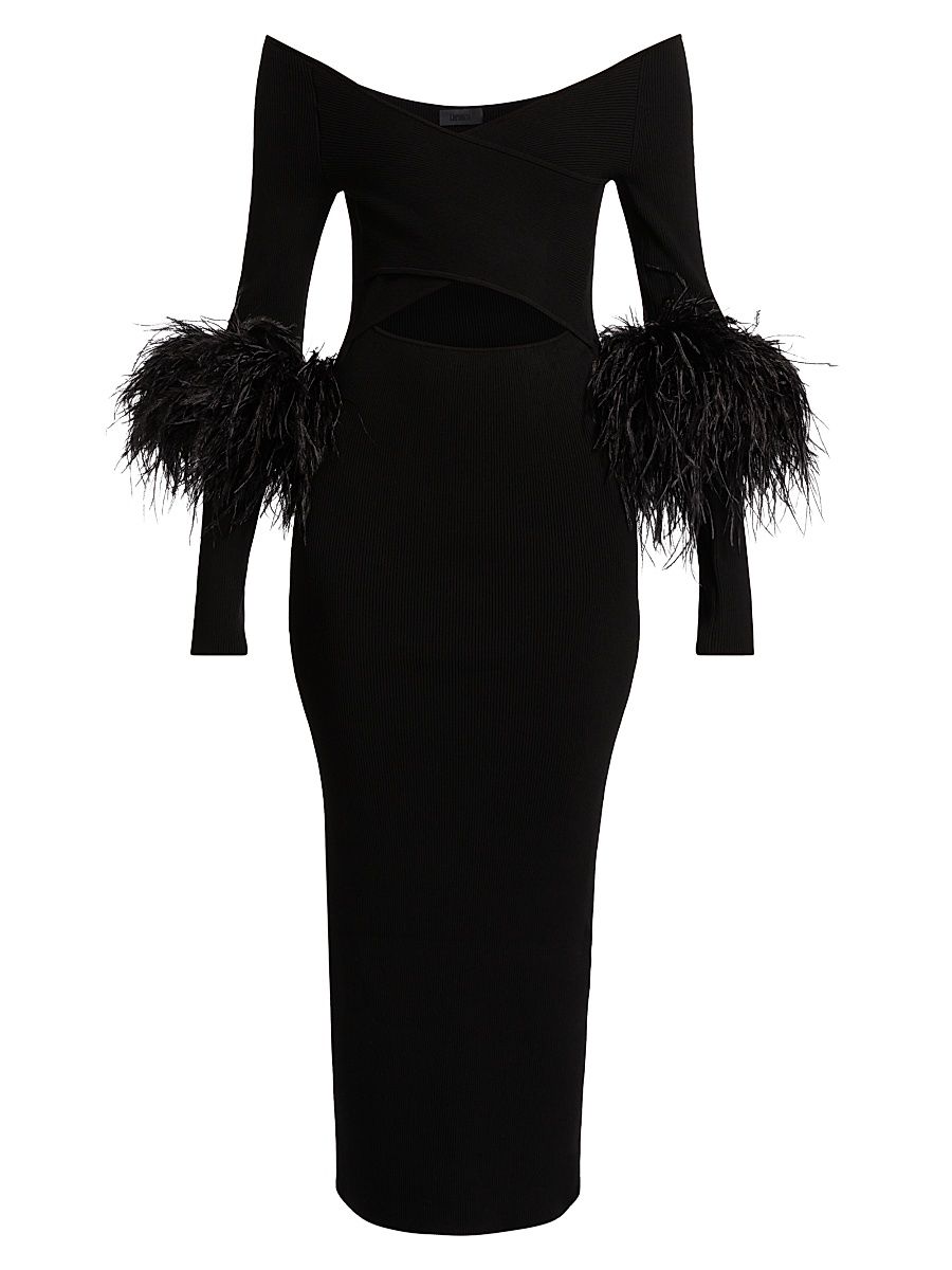 Women's Feather-Cuff Fitted Cut-Out Midi-Dress - Black - Size Large