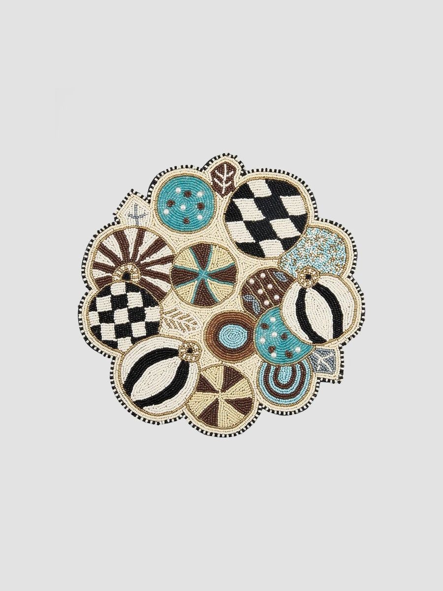 MacKenzie-Childs Mocha Check Noel Jolly Beaded Cotton Placemat
