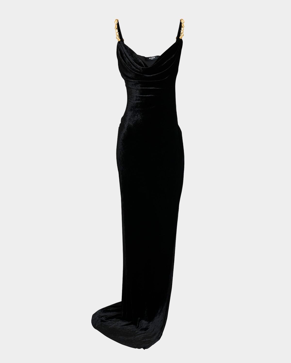 Button Cowl-Neck Velvet Slit Maxi Dress