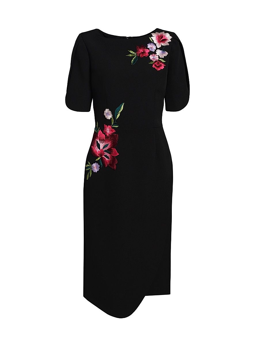 Women's Floral Embroidered Crepe Boatneck Midi-Dress - Black Multi - Size 18