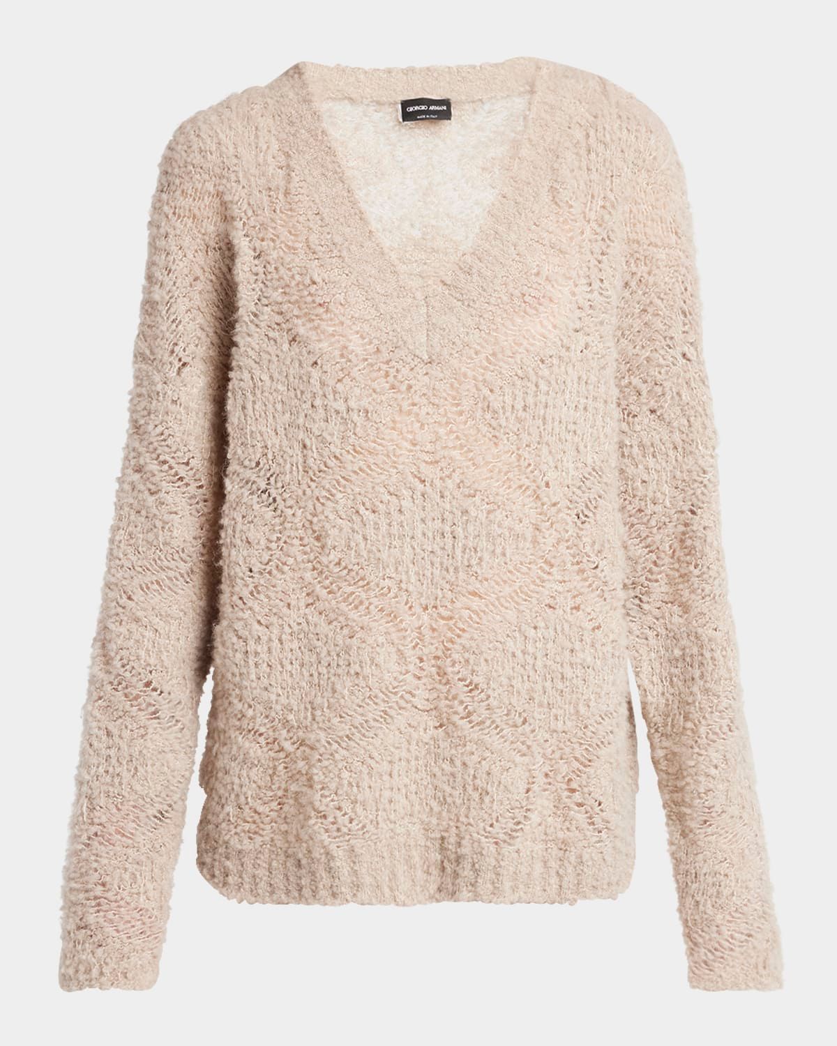 V-Neck Wool Cashmere Open-Knit Sweater