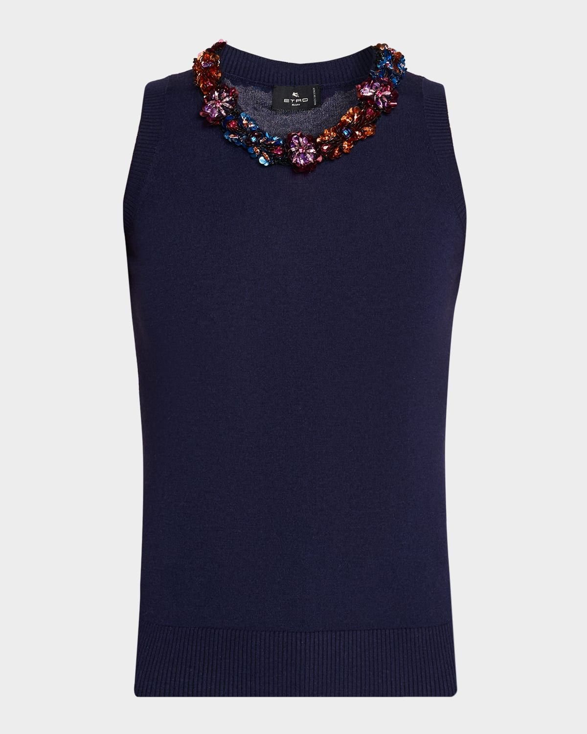 Sequined Neck Silk-Cashmere Tank Top