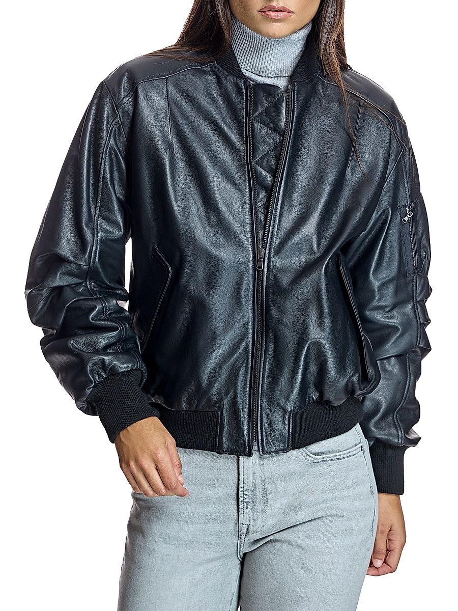 Women's Maximilian Oversized Leather Bomber - Black - Size Small